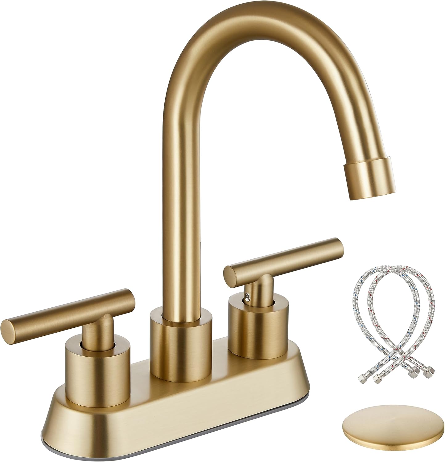 Airuida Grifo de baño central de 4 pulgadas, grifo de lavabo de baño de 2 asas, grifo de tocador de baño de dos agujeros con drenaje emergente, 2