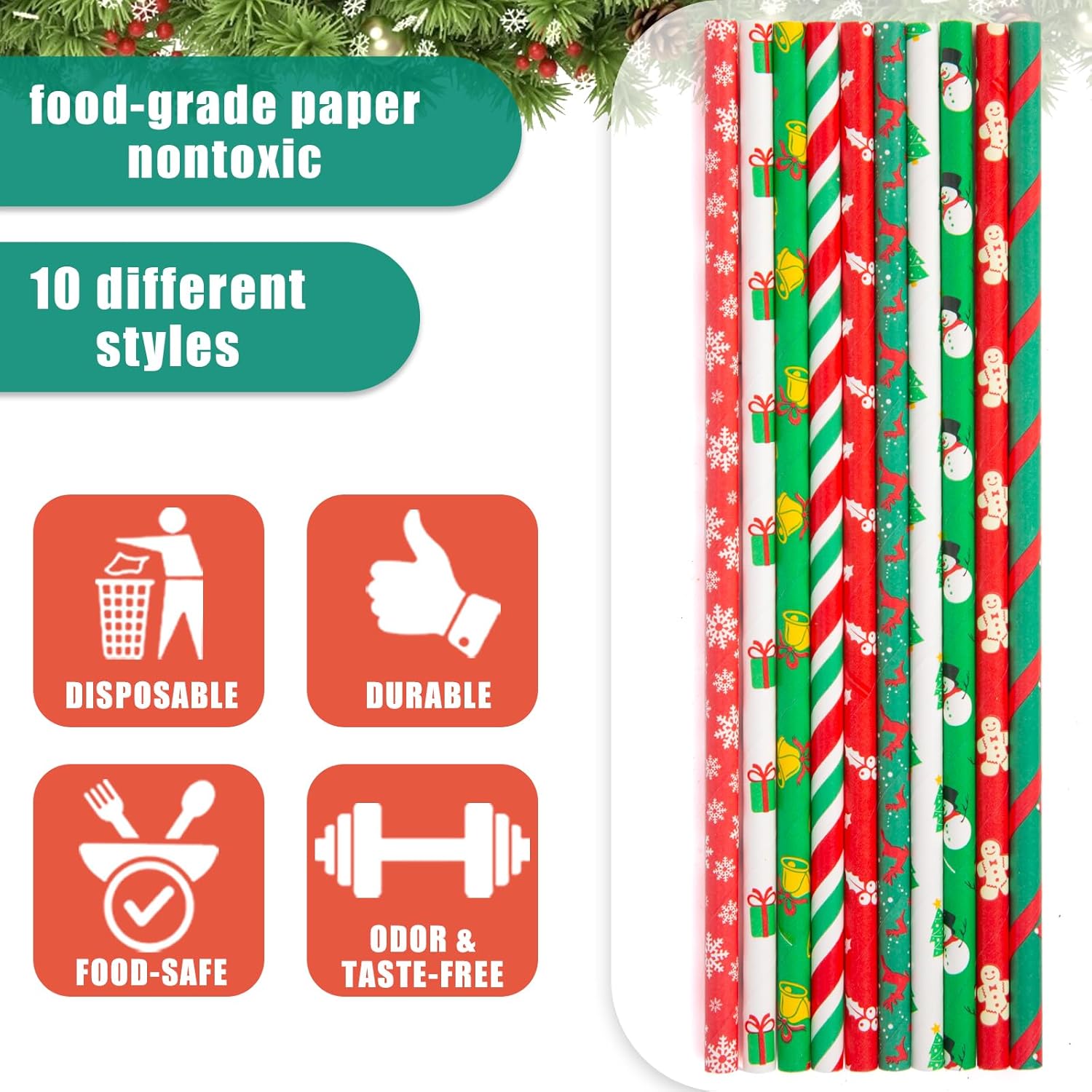 120 popotes de papel de Navidad, pajitas de Navidad de 10 estilos, pajitas decorativas para decoración de fiestas de Navidad, manualidades
