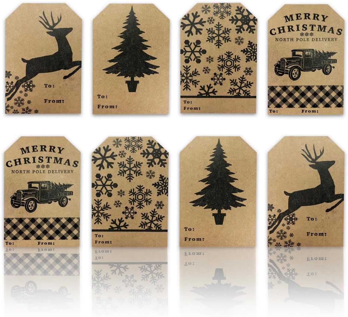Etiquetas de regalo de papel kraft natural para regalo de vacaciones, 4 diseños diferentes, 2 x 3 pulgadas, 100 etiquetas en total