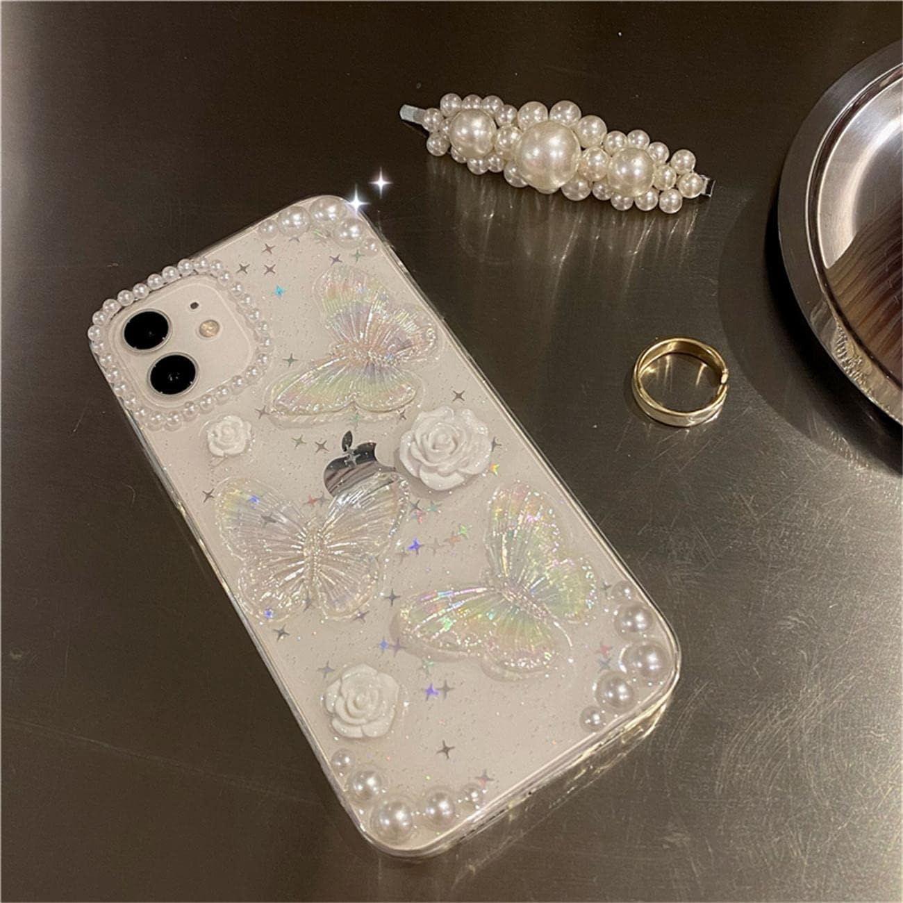 Fycyko Compatible con iPhone 15 Plus 3D Butterfly Floral Clear con diseño estético para mujeres, adolescentes y niñas, con purpurina, bonito