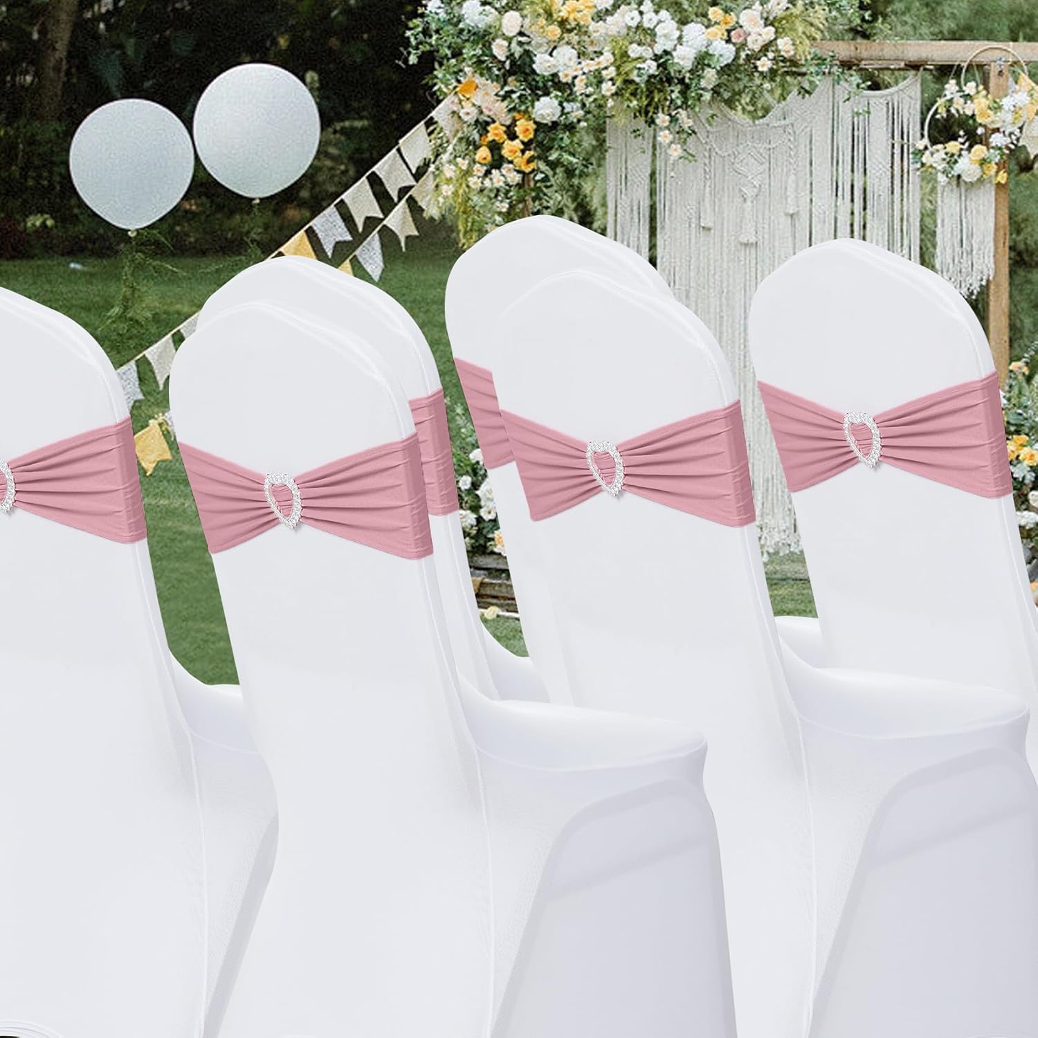 Howhic Paquete de 60 bandas elásticas de elastano para silla con hebilla deslizante, lazos elásticos universales para bodas, banquetes, fiestas,