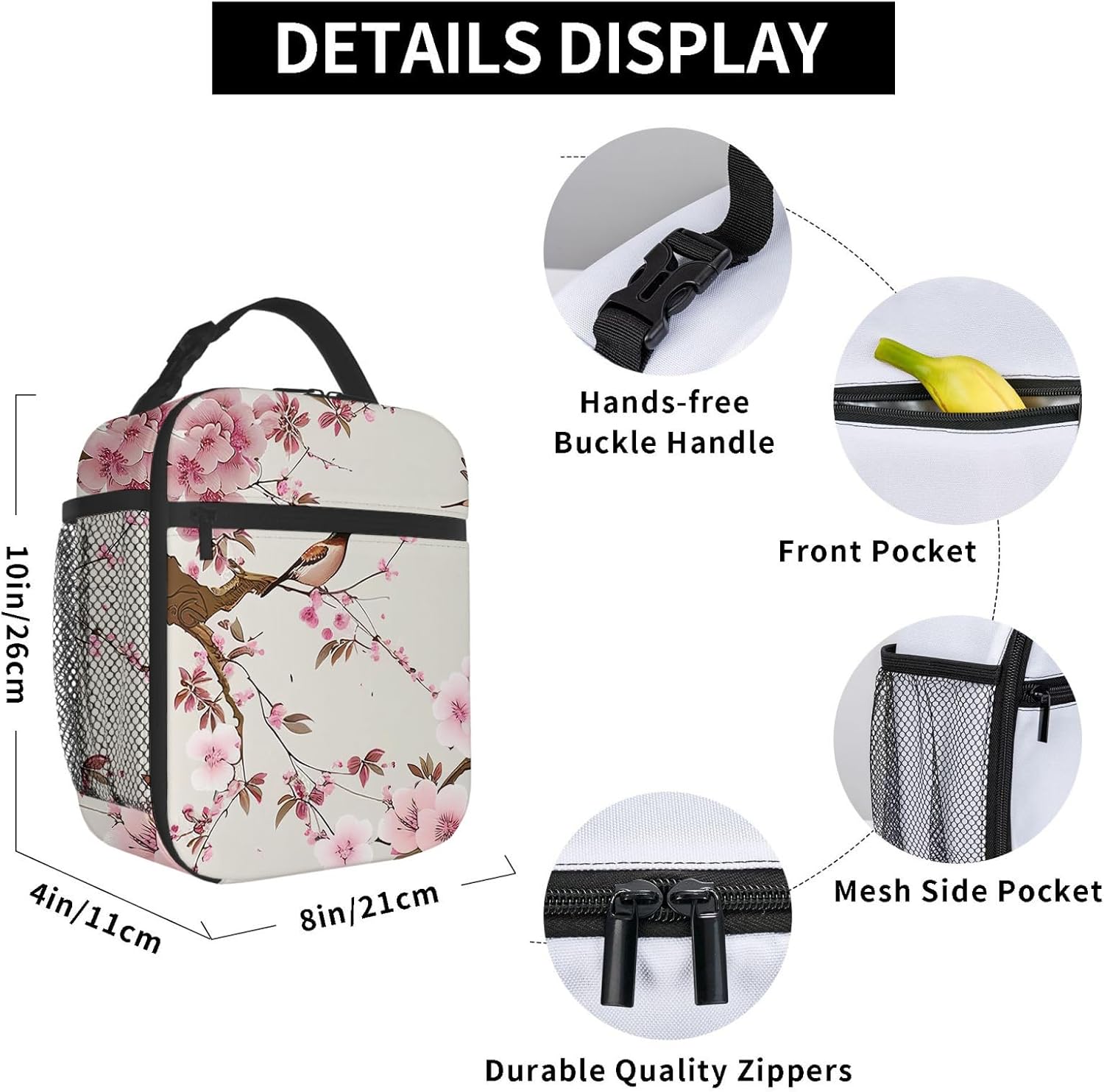 Lonchera aislada para mujeres y hombres, trabajo, dos pájaros y flores, flores de durazno, floral, reutilizable, a prueba de fugas, para adultos,