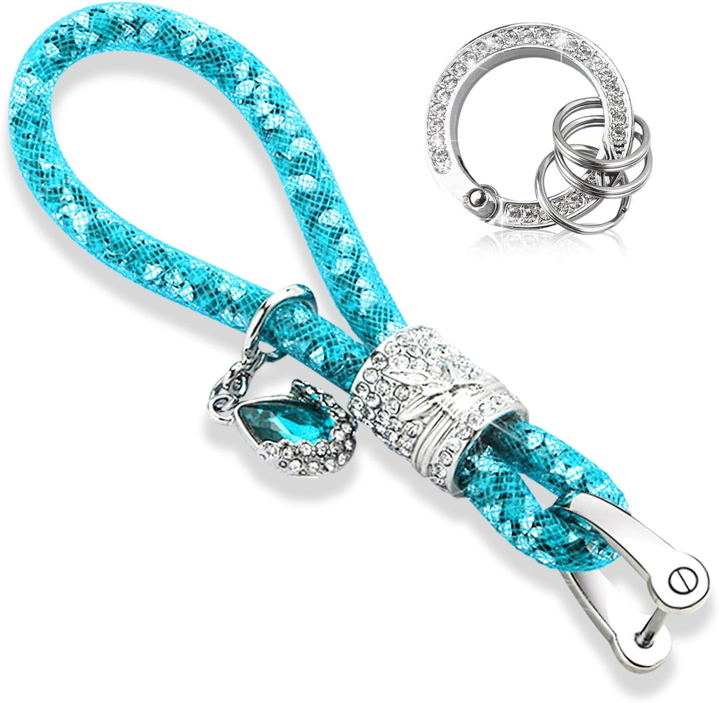 Llavero brillante para automóvil, correa con anillo en D, accesorios de decoración de llaves de vehículo para mujeres y niñas (azul claro)