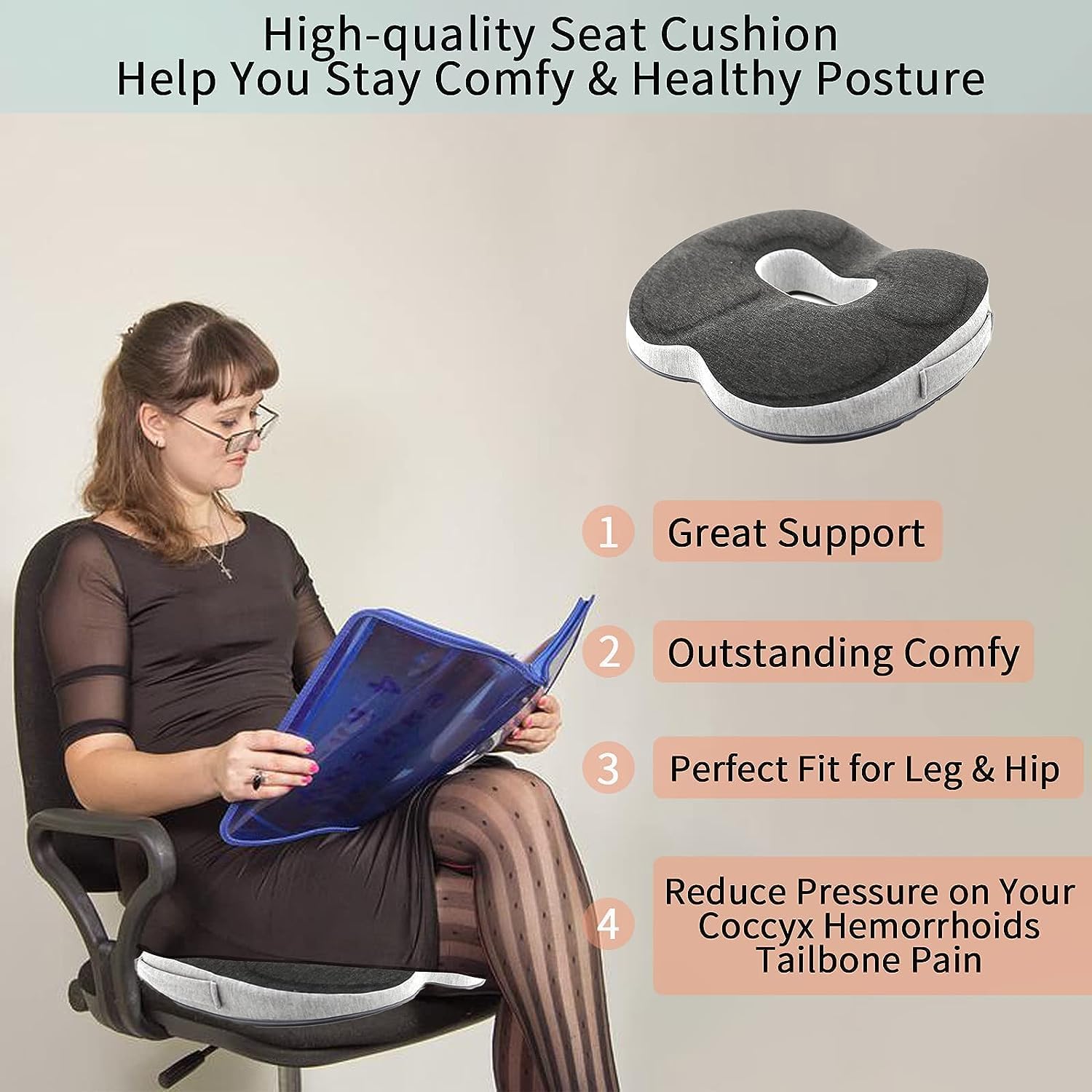 HomeToDou Cojín de asiento de coxis, cojín de hemorroides de coxis, alivio del dolor para llagas y ciática, almohada de espuma viscoelástica suave