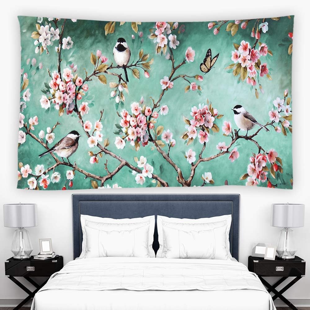 BCNEW Tapiz para colgar en la pared, diseño de flores, pájaros, mariposas, plantas asiáticas, flores y flores, tela de poliéster, decoración de