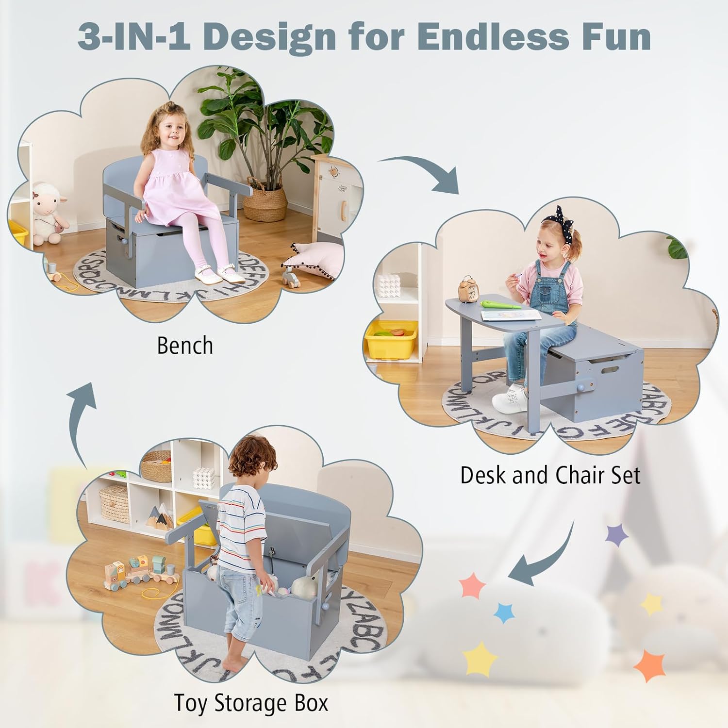 Costzon Juego de mesa y silla para niños, banco de almacenamiento de juguetes convertible con asa integrada para jardín de infantes, preescolar,