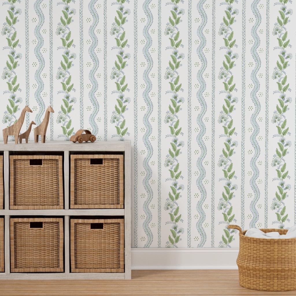 Spoonflower Papel tapiz autoadhesivo de 9 x 2 pies, papel tapiz extraíble tradicional con rayas blancas y verdes azules y verdes