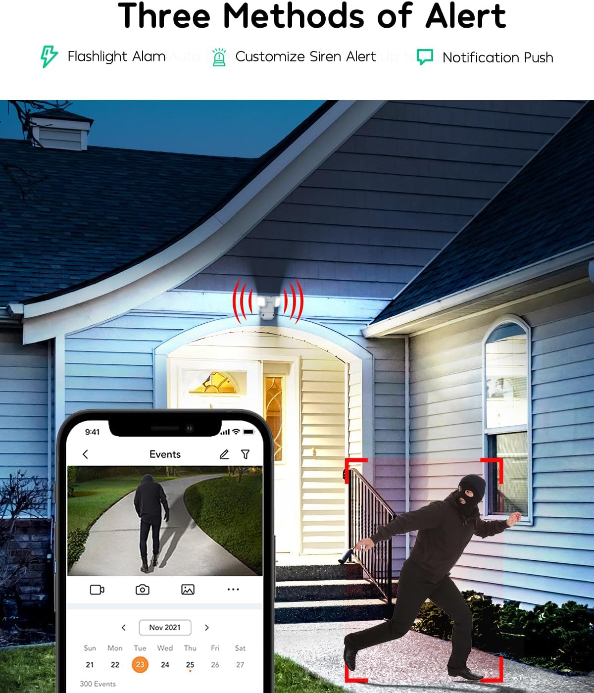 winees Cámara de seguridad con reflector, cámara de seguridad inteligente con cable 2K QHD IP65 para exteriores, visión nocturna a color, FOV de 180