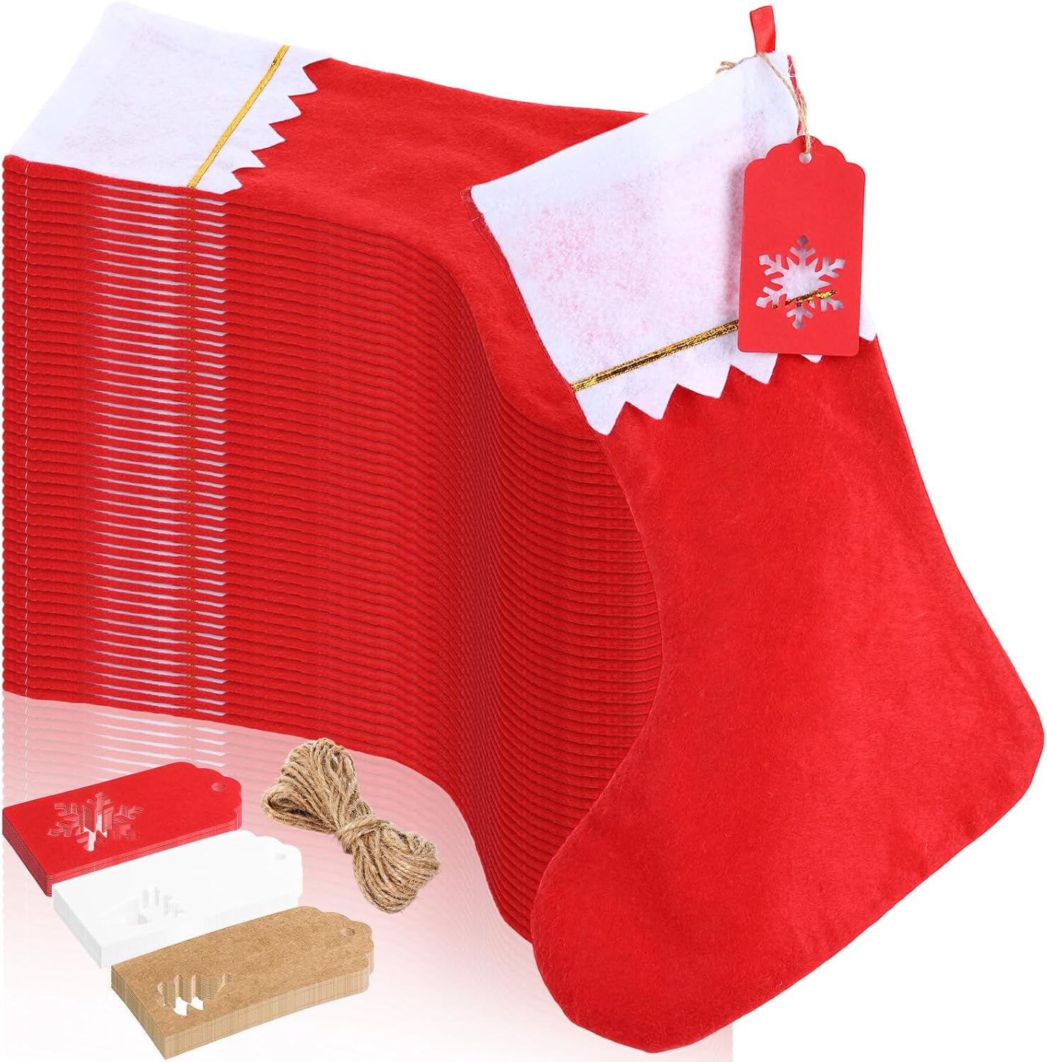 Paquete de 48 medias de Navidad no tejidas a granel de 10 pulgadas con etiqueta colgante de alce de copo de nieve (rojo, blanco)