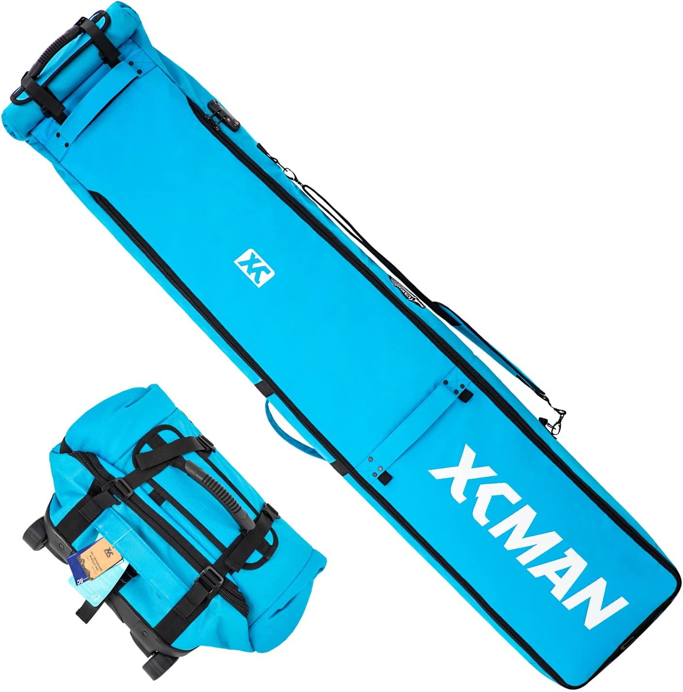 XCMAN Bolsa de snowboard acolchada con ruedas y cerradura, viajes por carretera y avión aéreo, longitud ajustable de 63 a 78 pulgadas