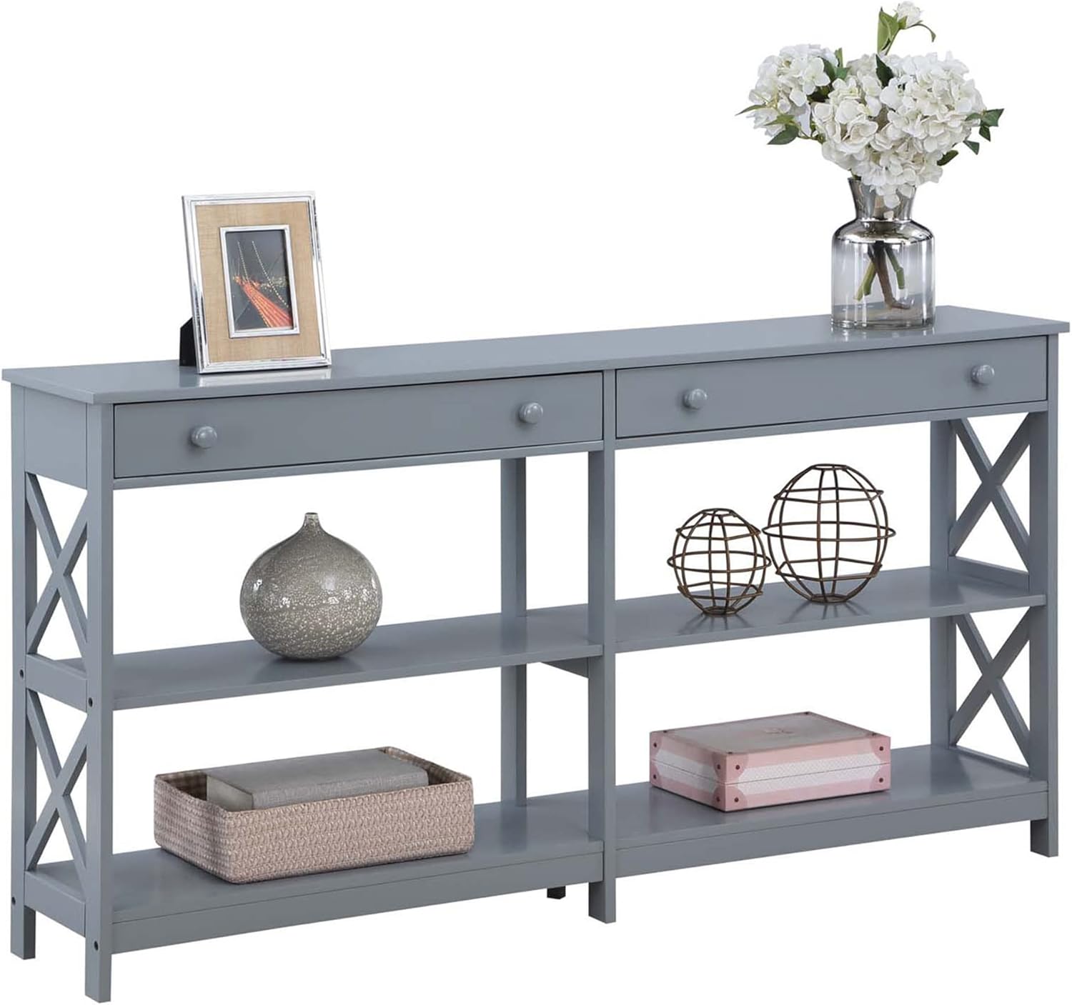 Convenience Concepts Oxford – Mesa consola con 2 cajones de 60 pulgadas con estantes, 60 pulgadas, color gris
