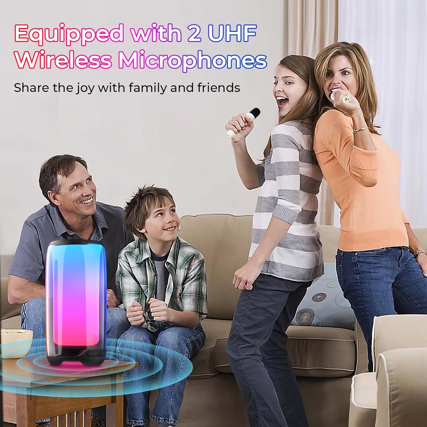 Máquina de karaoke portátil para adultos y niños con 2 micrófonos, ajuste de gravesagudos, TWS, luces LED, compatible con BT, tarjeta TF, altavoz