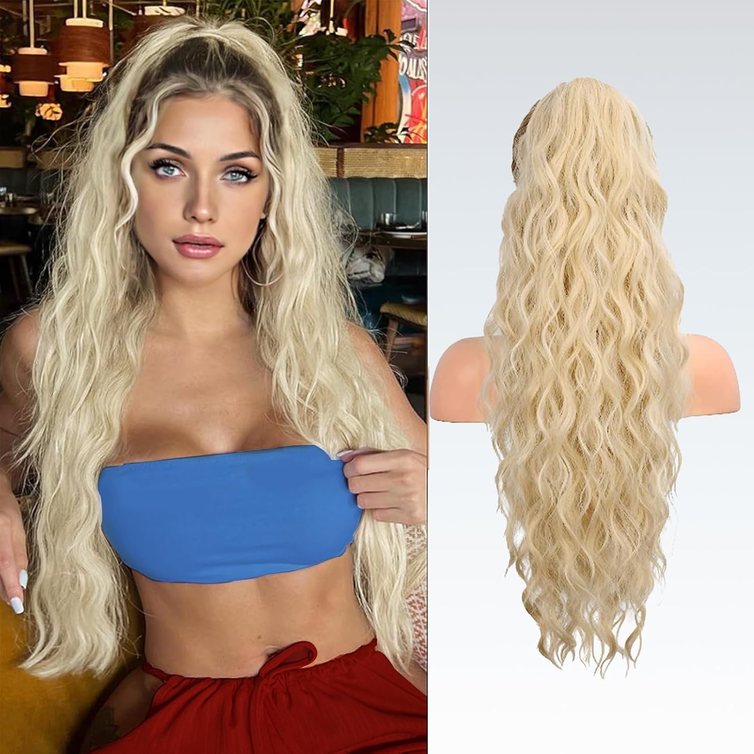 Extensión de cola de caballo de 26 pulgadas, extensiones de cabello largo y rizado con clip, para uso diario en fiestas (26 pulgadas, rubio dorado)