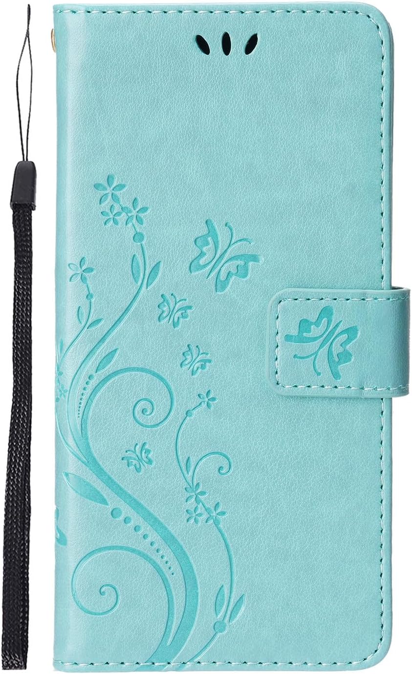Funda tipo cartera compatible con iPhone 15 Pro, funda tipo cartera de piel sintética, funda de silicona con estampado floral de mariposa en
