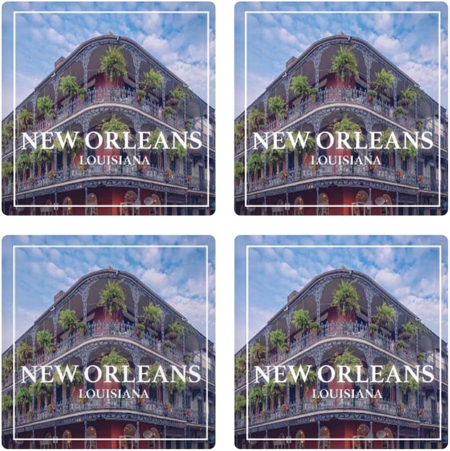 New Orleans, Louisiana, Joyride Home Decor 4 posavasos de cerámica, posavasos cuadrados de 4 pulgadas, juego de 4, parte trasera de corcho