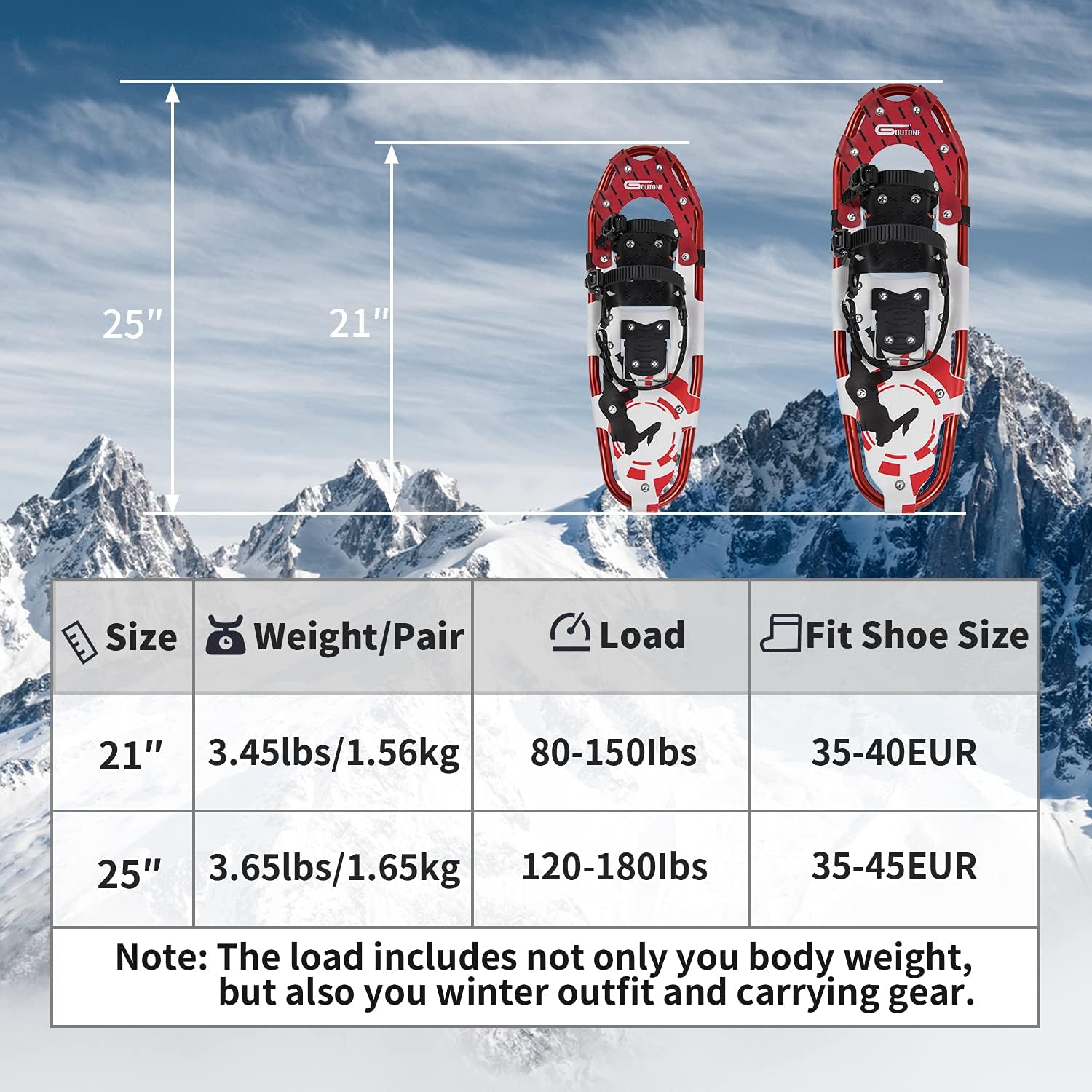 Goutone – Raquetas de nieve ligeras de 212530 pulgadas para adultos, mujeres y hombres, zapatos de nieve de aleación de aluminio para senderismo y