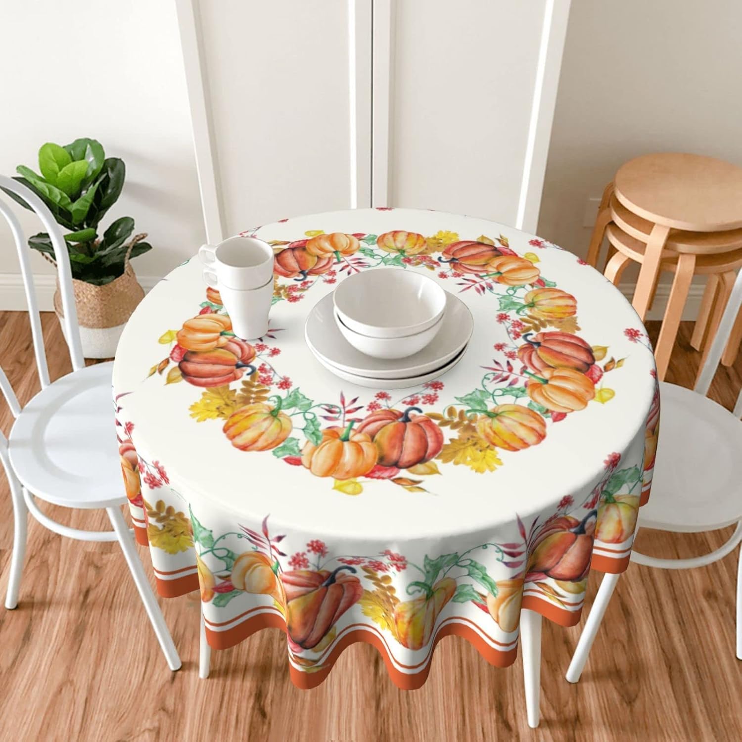 Mantel redondo de calabazas de otoño de 60 pulgadas, mantel de Acción de Gracias, hojas de arce, mantel impermeable para vacaciones, comedor,