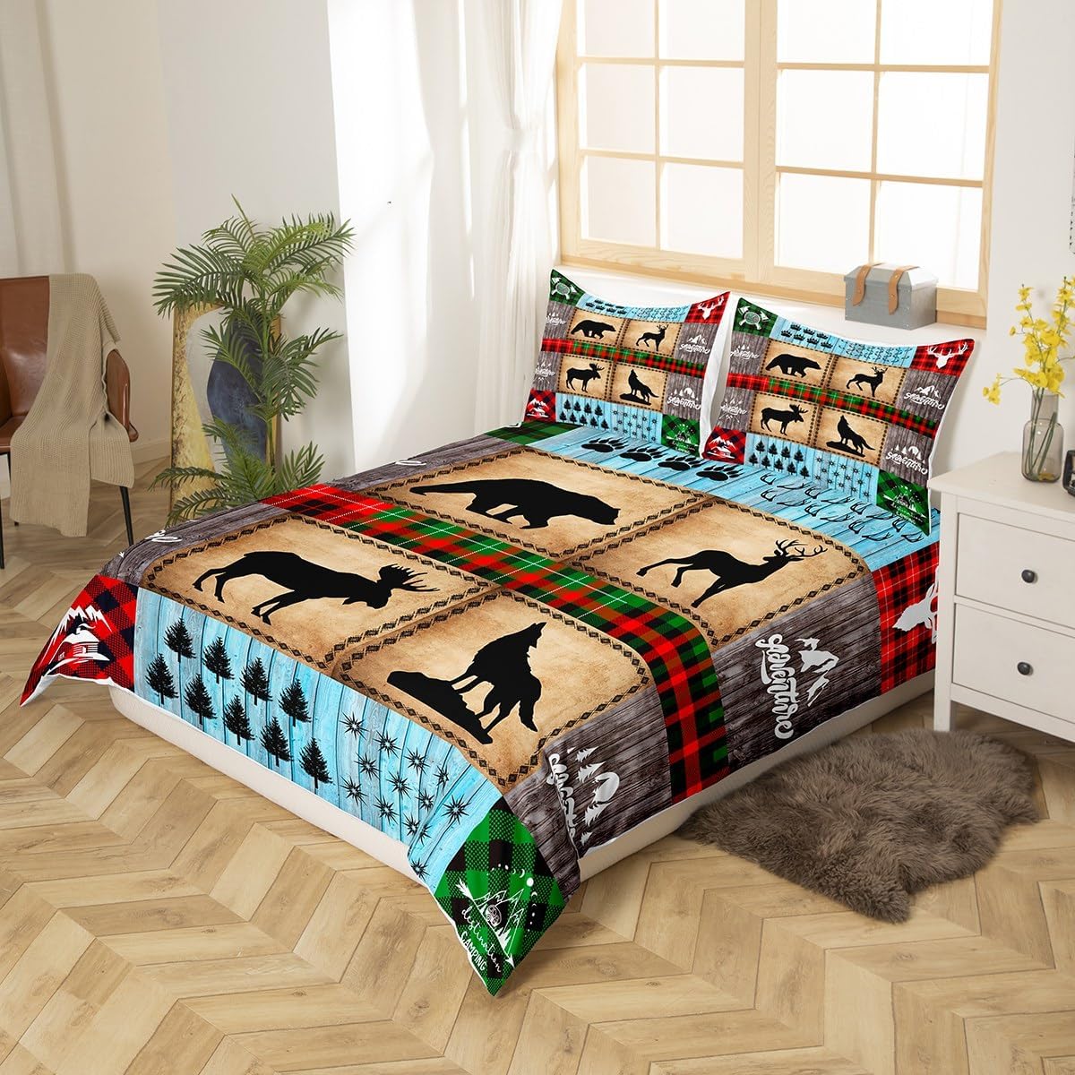 Juego de funda de edredón para niños de ciervo, oso, lobo, tamaño matrimonial, juego de ropa de cama de cabaña de aventura para niños, niñas,