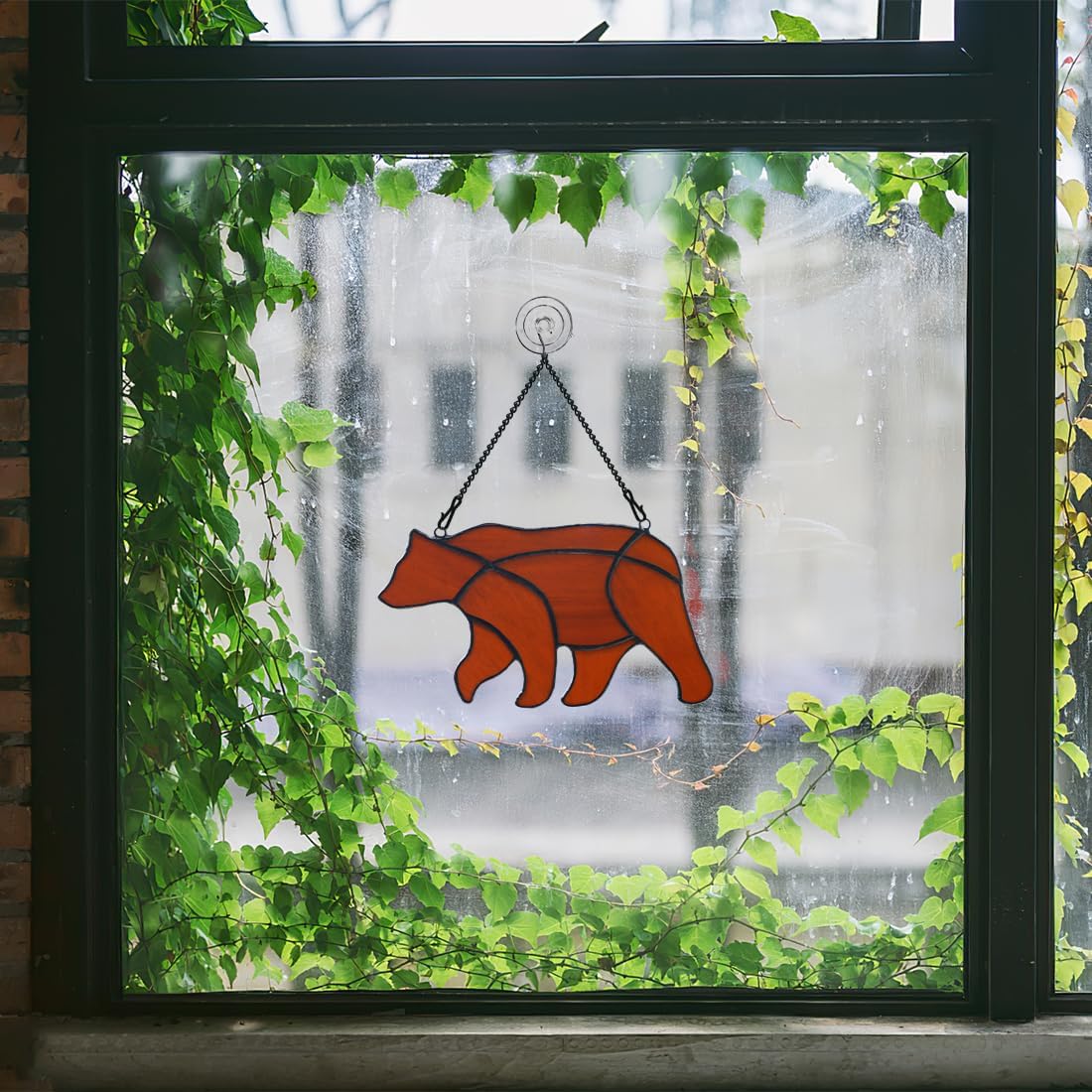 BOXCASA Decoración de oso para colgar ventanas de vitral, oso marrón para decoración de pared de ventana, arte animal, granja, sala de estar,