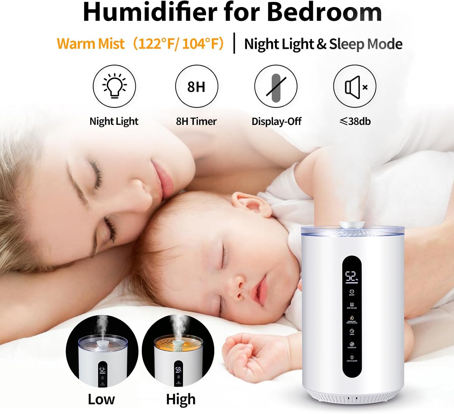 Hioo Humidificadores para habitación grande de 441 pies cuadrados, 1.72 galones 6.8 L humidificador ultrasónico de niebla cálida y fría para