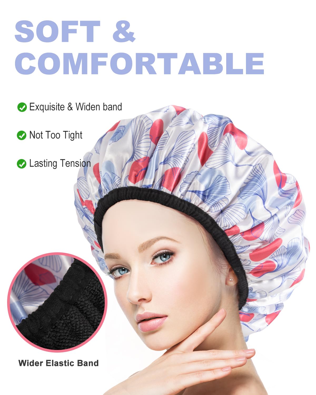 Aquior Gorro de ducha con forro de rizo para mujer, gorro de ducha reutilizable, triple capa impermeable, extra grande para mujeres de pelo largo