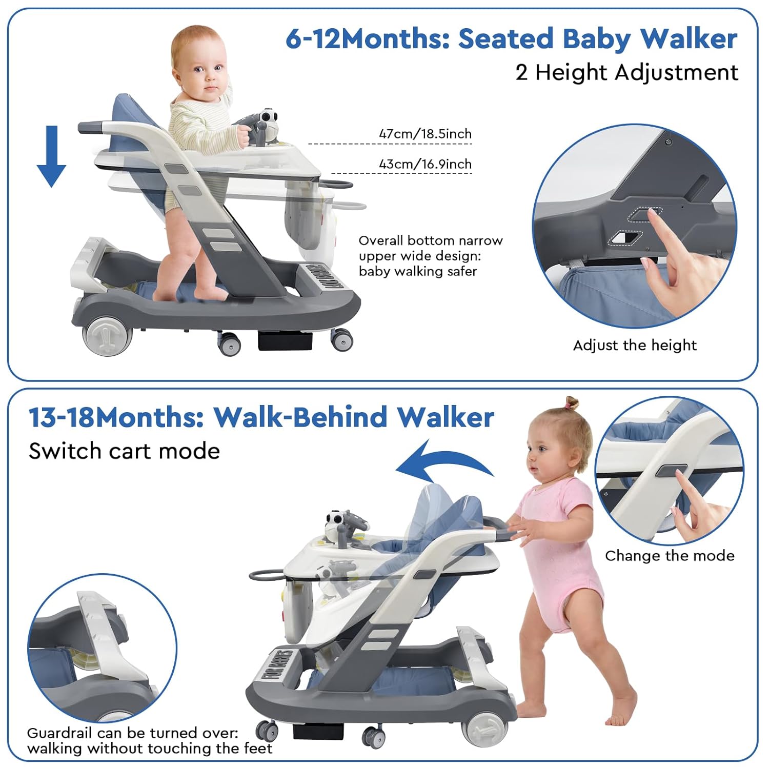 Caminante plegable 4 en 1 para bebés, caminador de actividades para niños y niñas, asiento de aprendizaje, con juguetes musicales, altura y