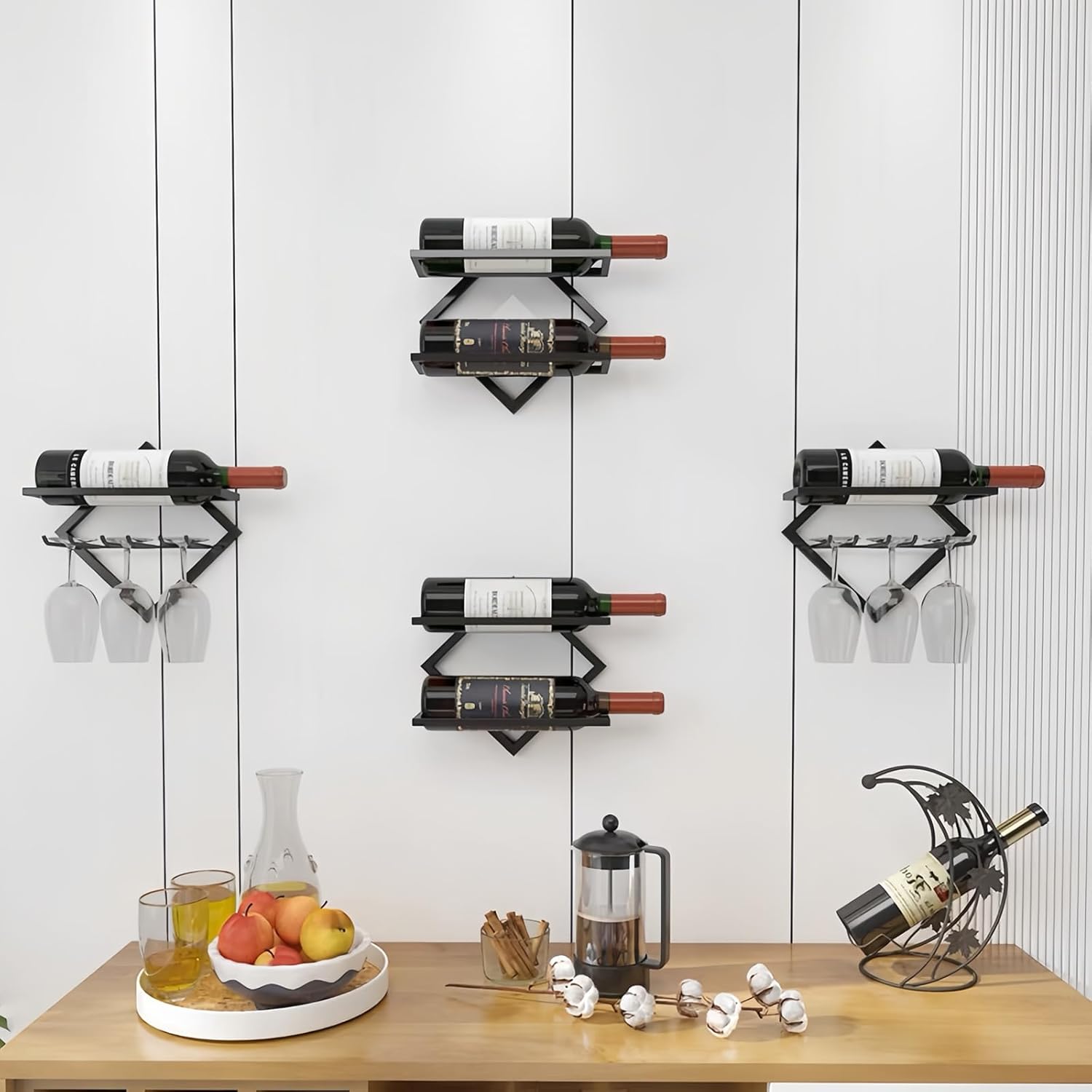 Estante de vino para montar en la pared, 2 unidades, estante plegable para vino colgante con soporte para vidrio, soporte de metal para copa de vino