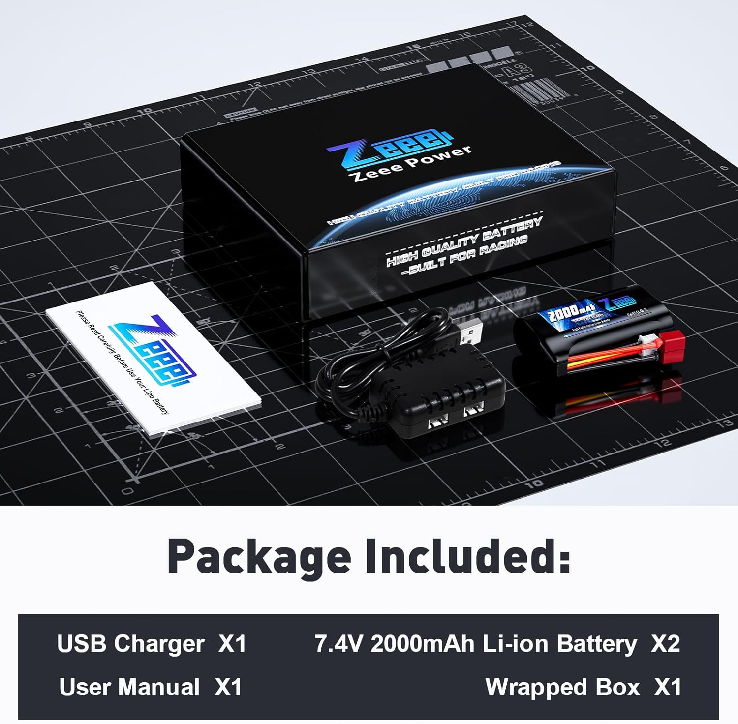 Zeee Batería de iones de litio 2S de 2000 mAh 7.4 V Deans T conector con cargador de batería de 7.4 V compatible con 110, 112, 116 escala RC Cars