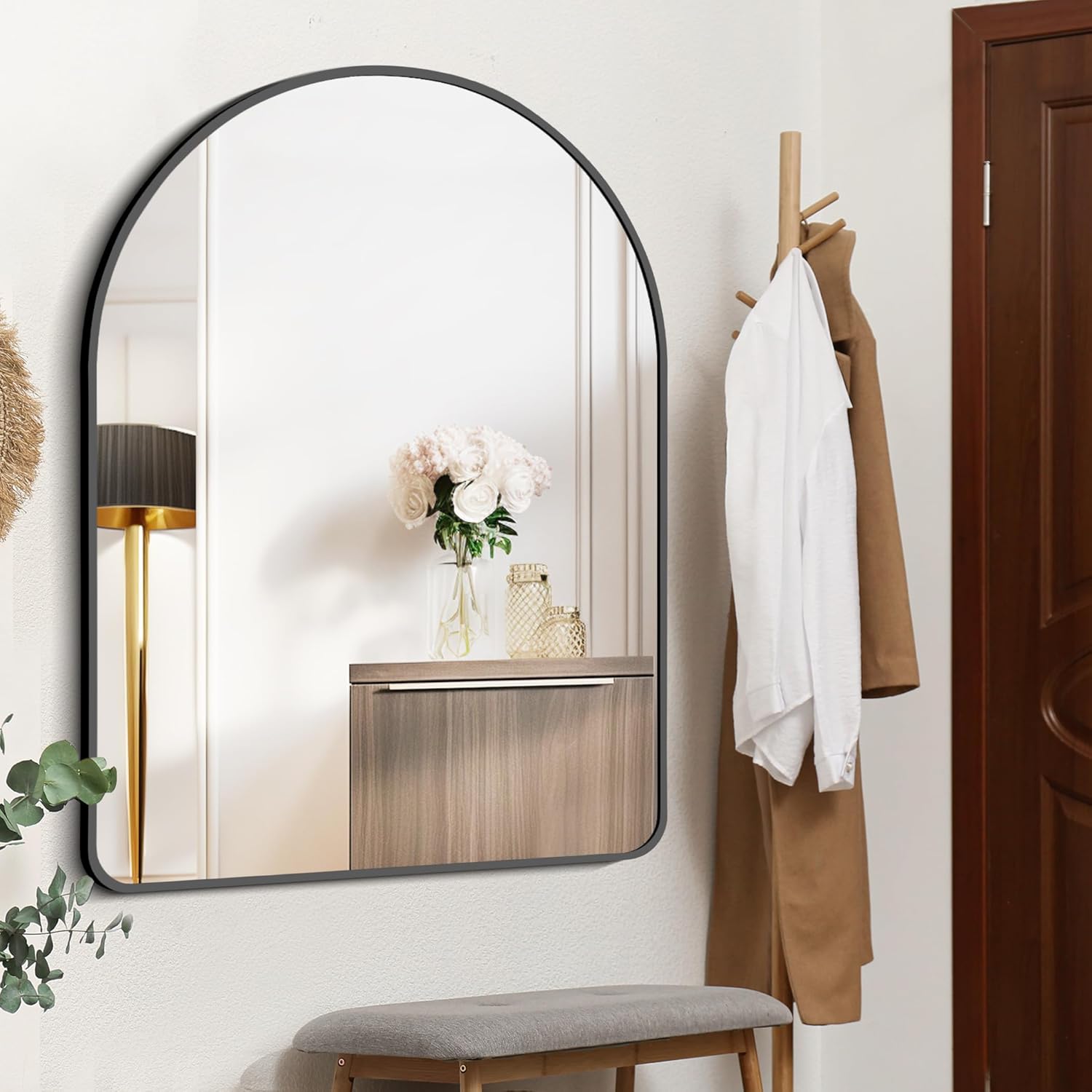 Espejo de pared arqueado, espejo de baño de 36 x 48 pulgadas, moderno marco de aleación de aluminio negro, espejo de tocador grande para dormitorio,