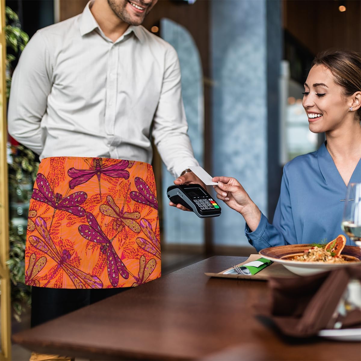 bisibuy 3 Pocket Waist Apron, Pack of 3, Dragonfly Bird Server Short Apron for Men Women, Kitchen, Restaurant, Cafe Delantales De Mesera Para Mujer