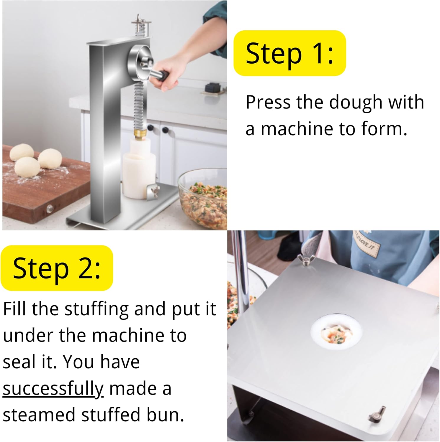 LOYALHEARTDY Baozi Maker, máquina de hacer bollos de acero inoxidable manual para hacer bollos con 3 tamaños de moldes chinos para hacer bao chinos,