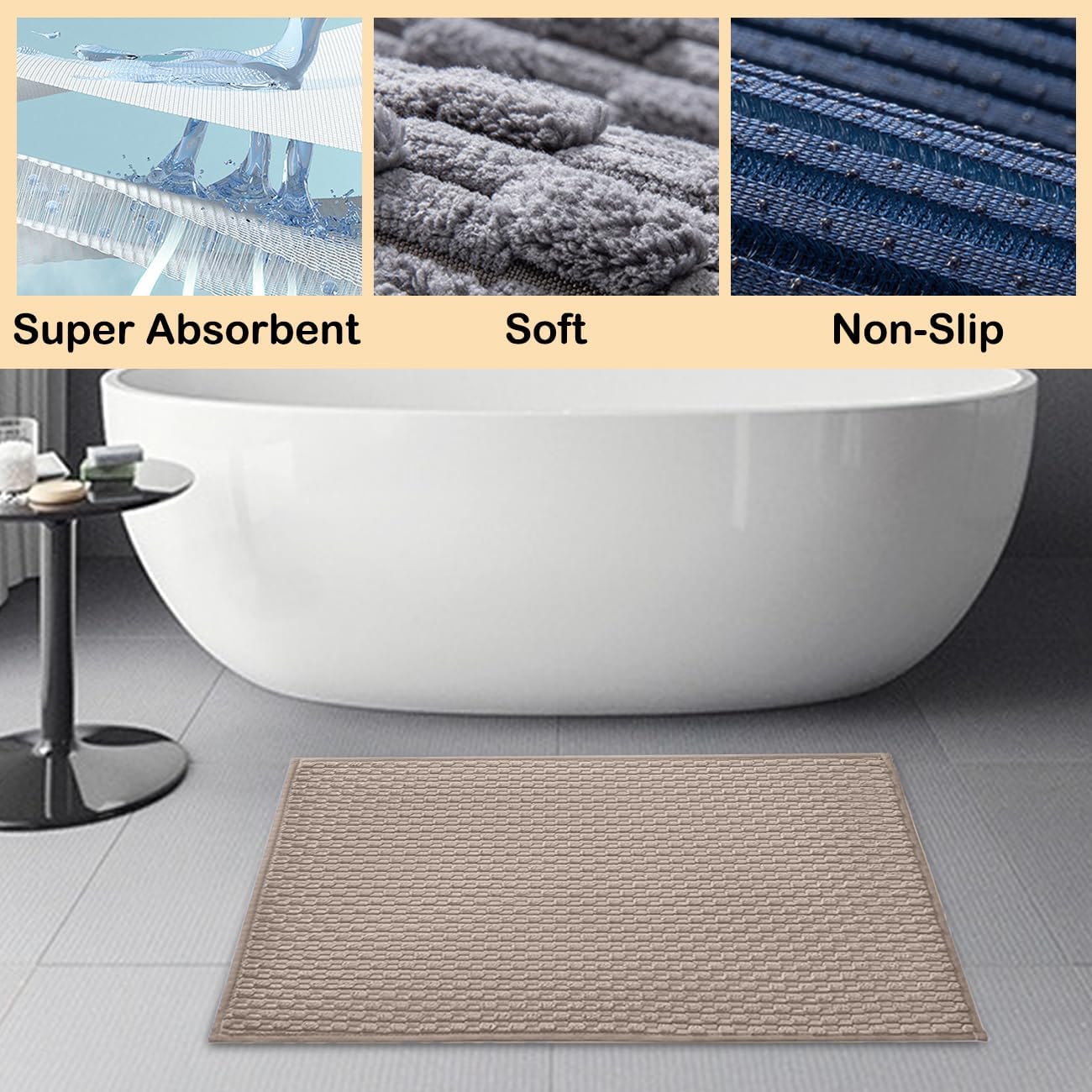 Fouldet Tapete de baño geométrico de color liso, suave, absorbente de agua, de secado rápido, antideslizante, lavable a máquina, alfombra de baño