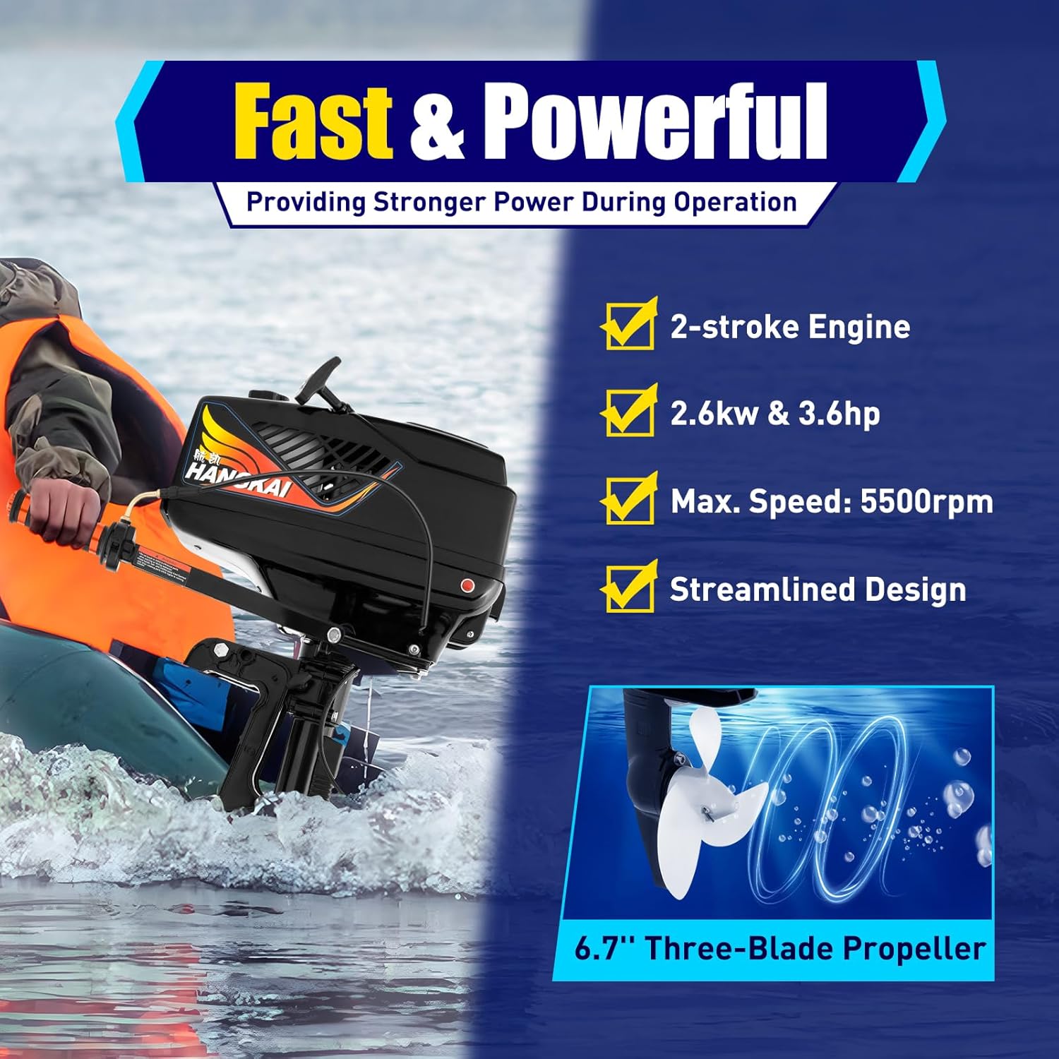 Motor fuera de borda de 2 tiempos, motor de lancha pesada de 3.6 HP 55CC para lanchas de pesca, lanchas motoras y botes inflables, sistema de