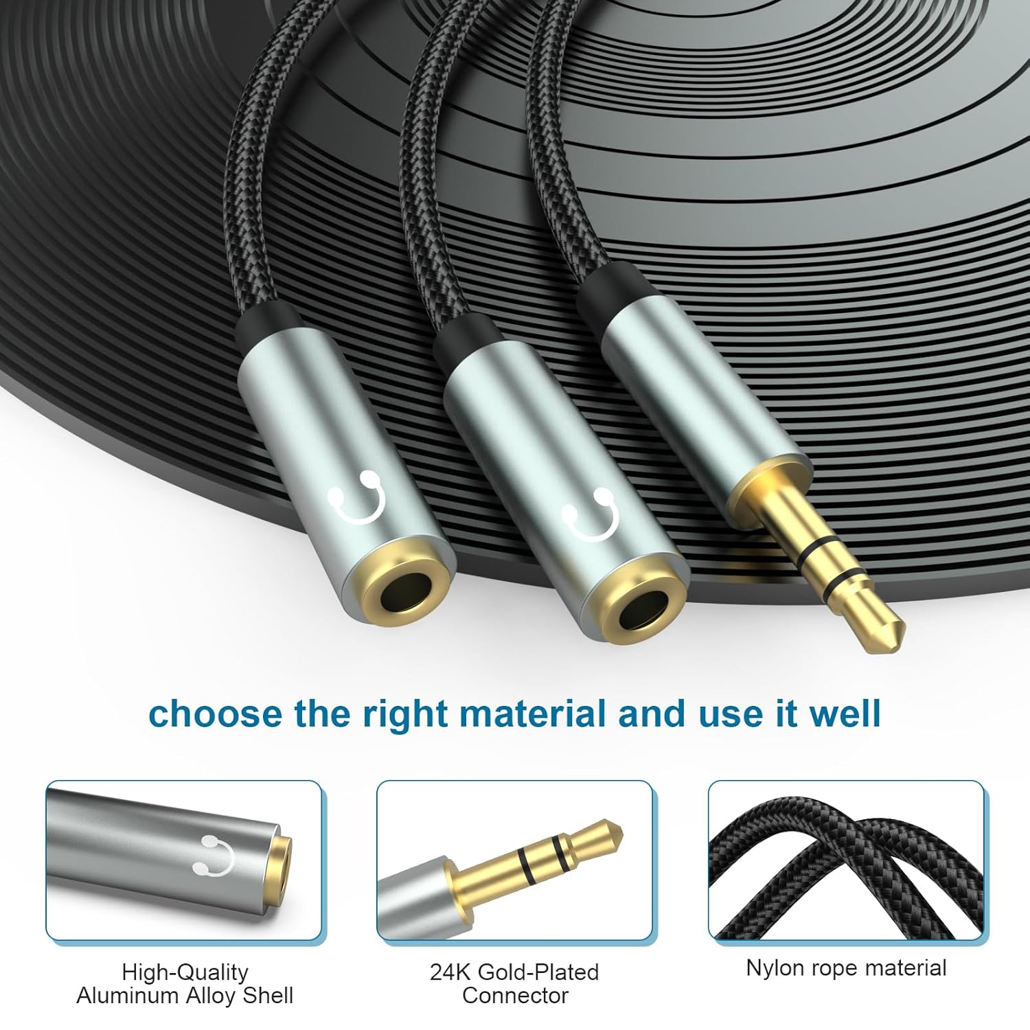 Cable divisor de conector de auriculares de 0.138 in, macho de 0.138 in a 2 hembras, cable de extensión para auriculares, cable divisor en Y de