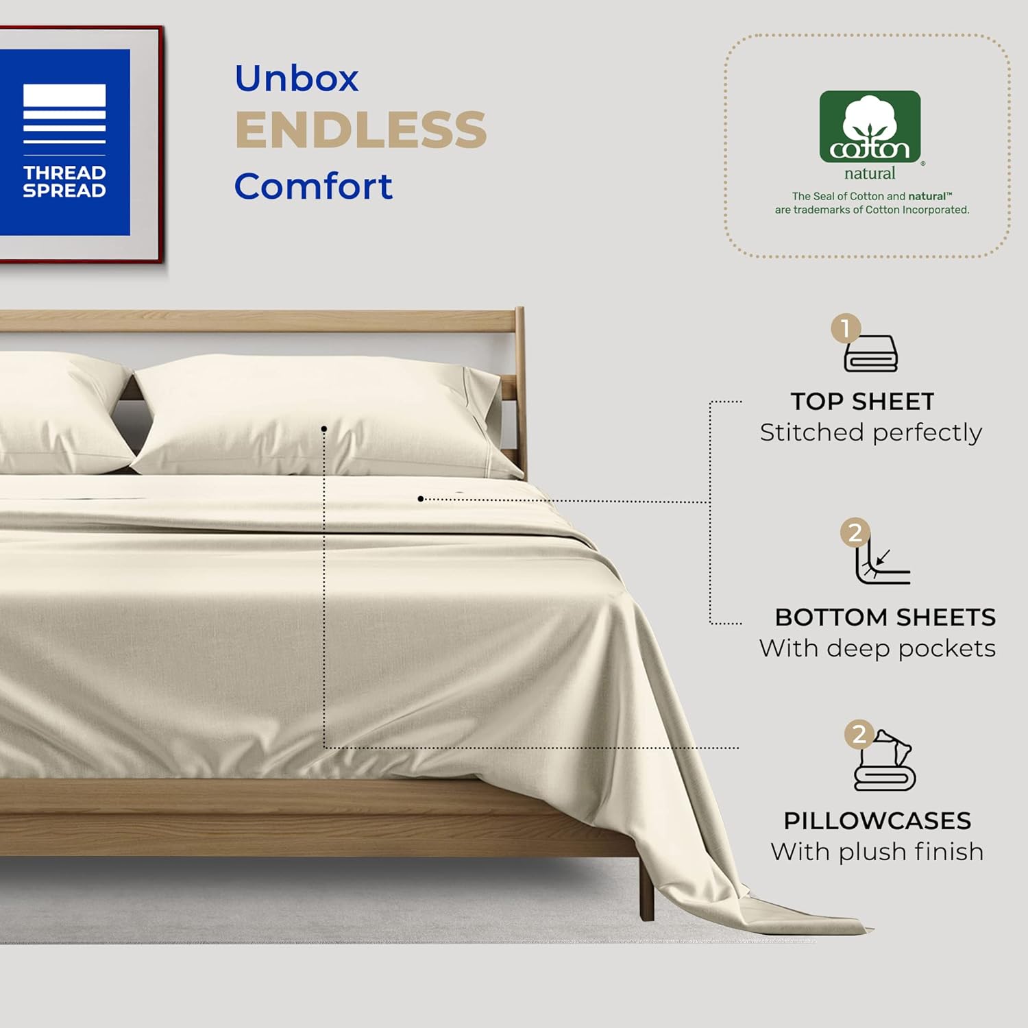 THREAD SPREAD Juego de sábanas de 100 % algodón dividido tamaño King para cama ajustable, juego de sábanas de satén de 5 piezas de 400 hilos,