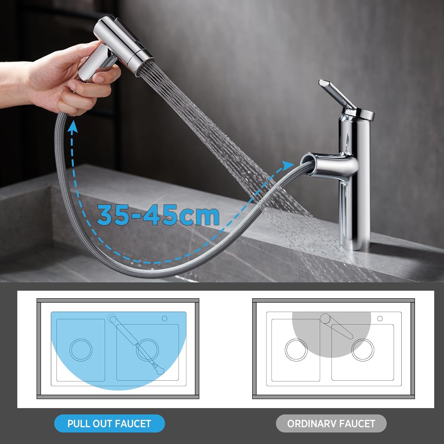 Grifo de baño con rociador extraíble, grifo de lavabo de baño de un solo agujero, cromado de una sola manija, grifo de tocador con boquilla