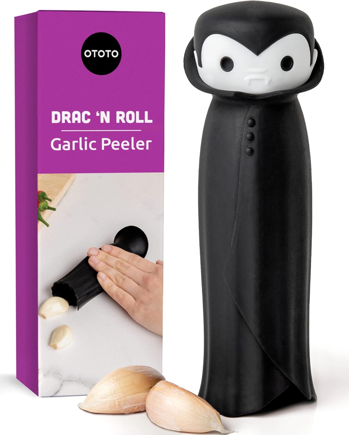 OTOTO Drac N’ Roll Vampire – Rodillo de ajo, tubo pelador de ajo de silicona, rodillo de tubo de silicona para Halloween, accesorio de cocina para