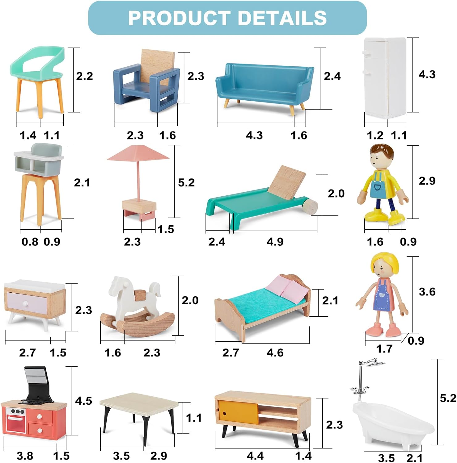 Juego de muebles de casa de muñecas de madera, 43 muebles y accesorios para casa de muñecas con 5 muñecas familiares, muebles de casa de muñecas en