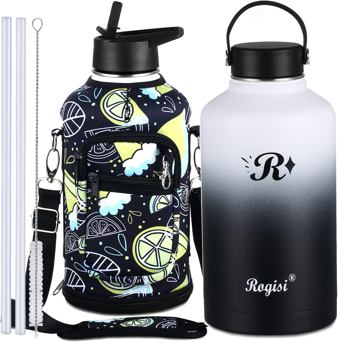 Jarra de agua grande de acero inoxidable de medio galón con popote, funda de almacenamiento y 2 tapas, botella de agua aislada de 64 onzas, boca