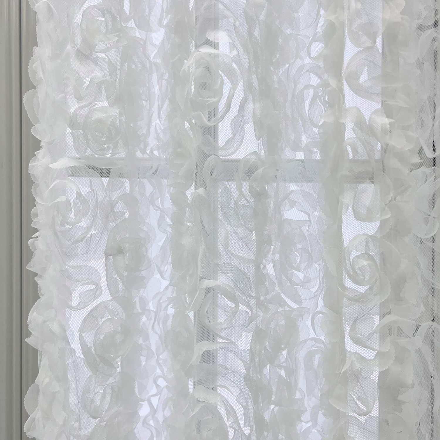 2 paneles de cortinas 3D coreanas blancas con rosas blancas bordadas de tul floral para sala de estar, dormitorio, cortinas de 55 x 108 pulgadas