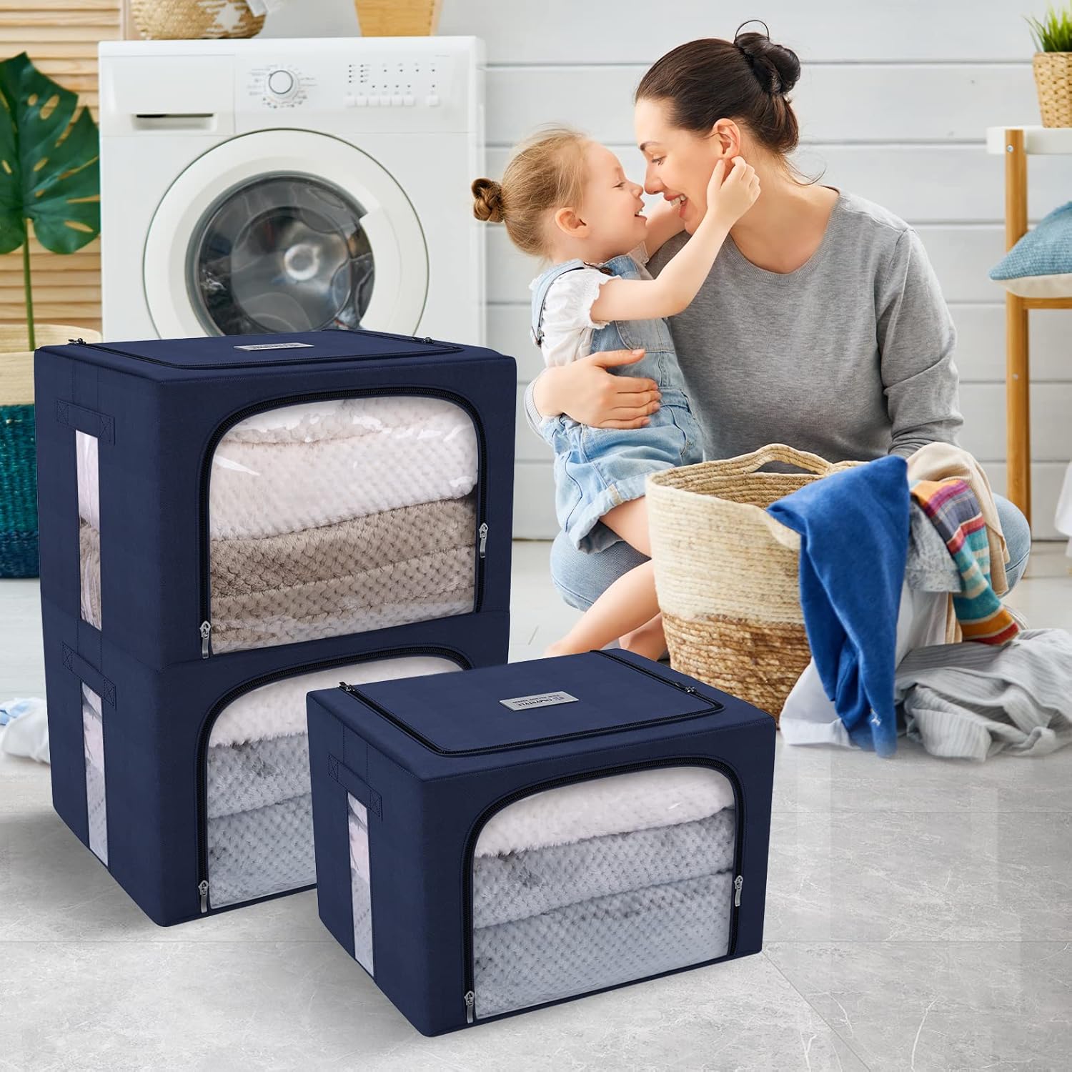 Organizador de bolsas de almacenamiento de ropa de gran capacidad de 66L, paquete de 3 con marco de fibra de vidrio, tela Oxford para edredones,