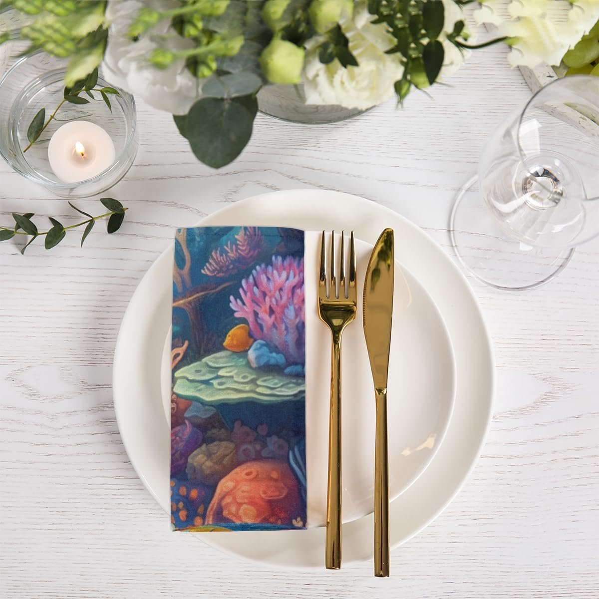 Cloth Napkins Set of 6 Tropical Fish 20×20 Inch Cloth Napkins Underwater World Coral Washable Reusable Kitchen Dinner Napkins Table Decor for
