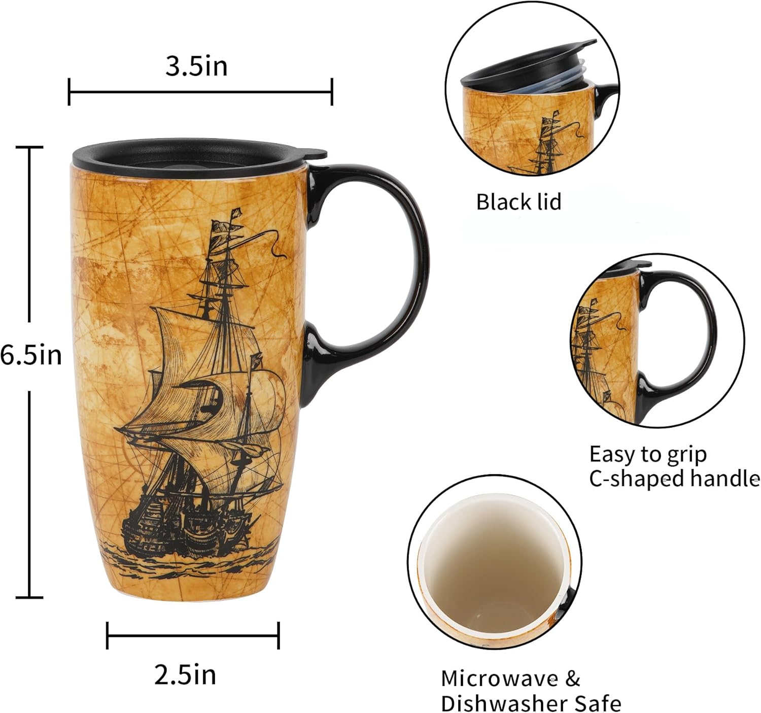 DUSVALLY Taza de cerámica taza de café de viaje taza de café de porcelana con tapa a prueba de derrames y caja de regalo, 17 onzas