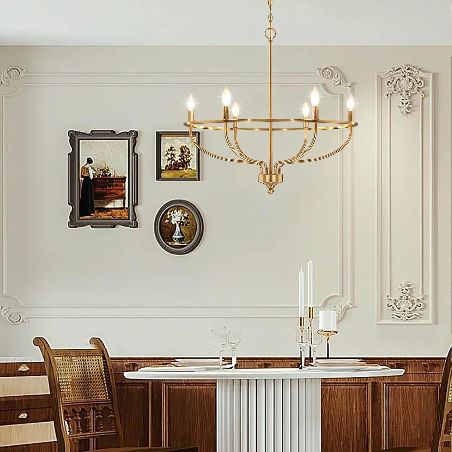 Candelabro dorado para comedor, 28.5 pulgadas de diámetro, moderna, estilo granja, lámpara sobre mesa, lámpara de araña de latón con 6 luces para