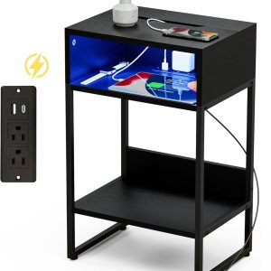 Innerjoin Mesa auxiliar con estación de carga puertos USB A y C, mesita de noche LED con compartimento de almacenamiento, mesa auxiliar de cama con Innerjoin Mesa auxiliar con estación de carga puertos USB A y C, mesita de noche LED con compartimento de almacenamiento, mesa auxiliar de cama con
