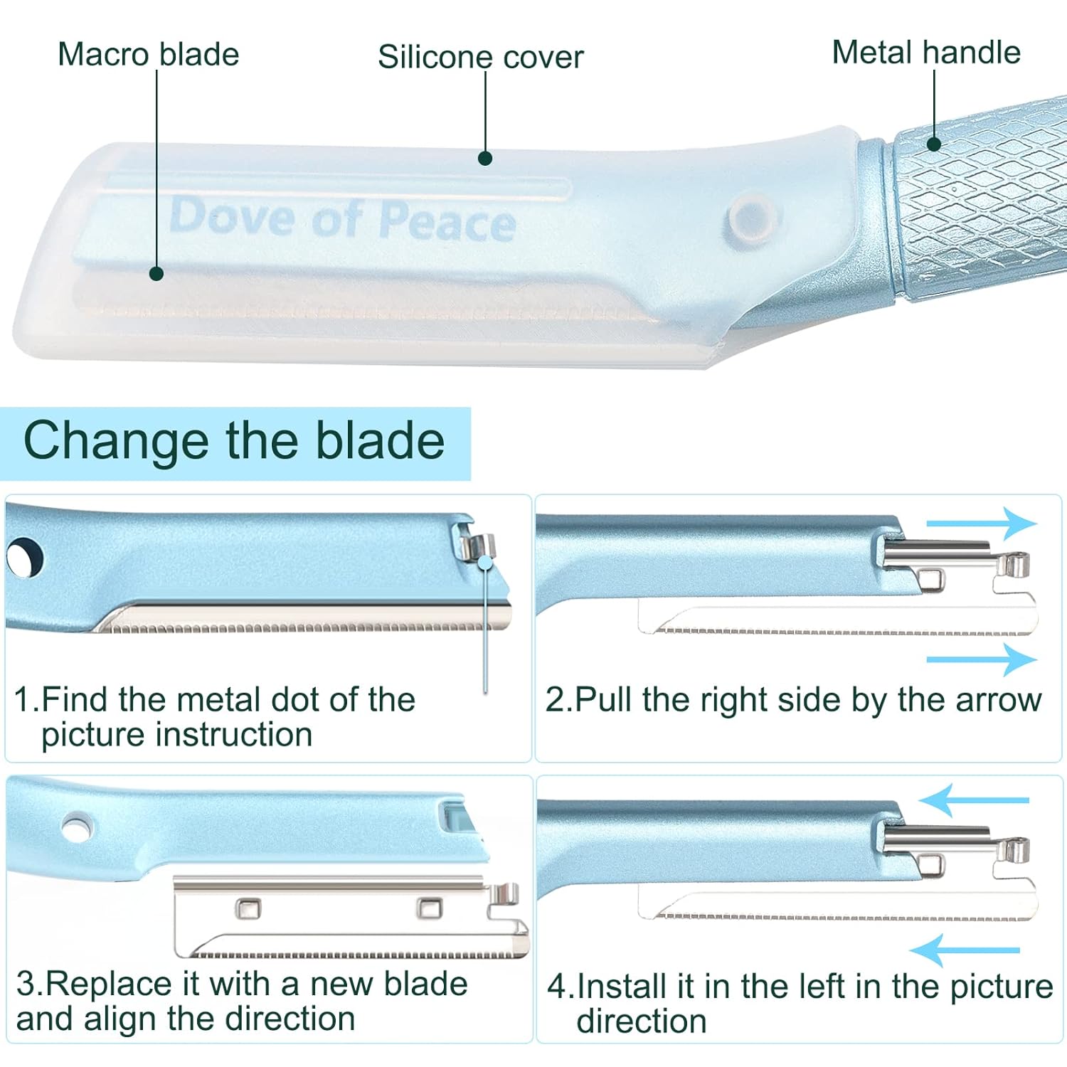 Dove of peace Dermaplaning Herramienta de belleza, cuchillo de metal para cejas, herramienta de limpieza de pelo facial, afeitadoras y cuchillas