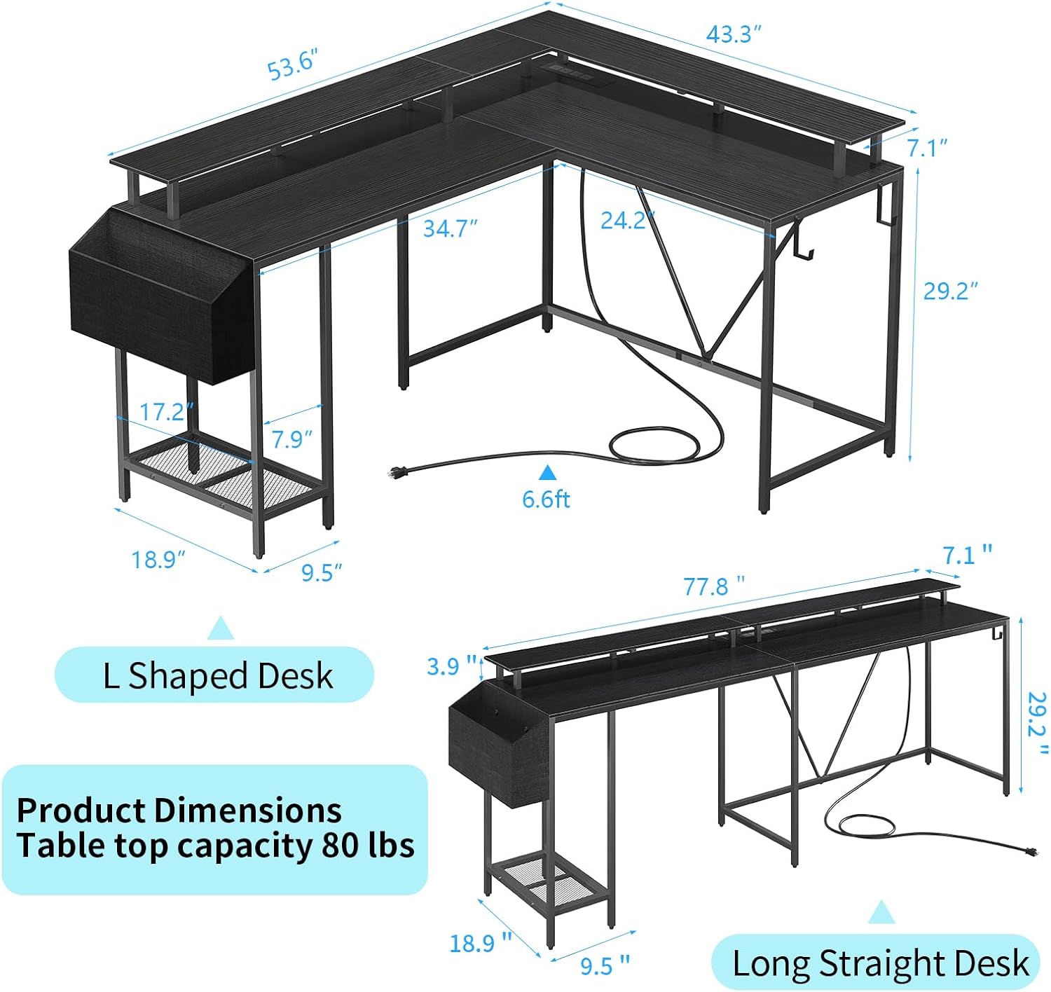Eivanet Escritorio para juegos en forma de L con tomas de corriente y luces LED, escritorio para computadora con soporte para monitor y estante de