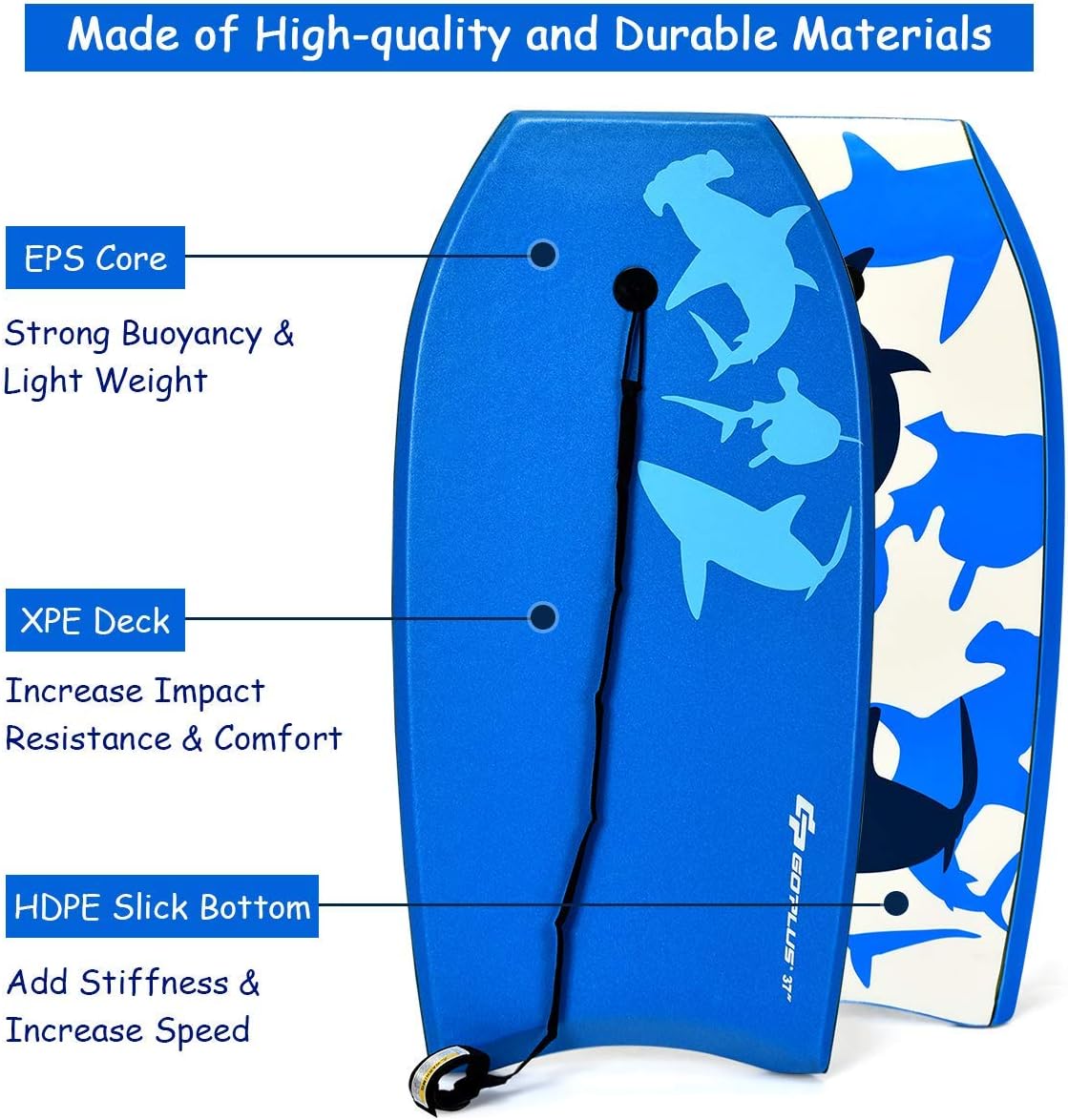 Goplus Boogie Boards para playa, tablero ligero con núcleo EPS, cubierta XPE, parte inferior lisa de HDPE, correa premium y cuerda de muñeca