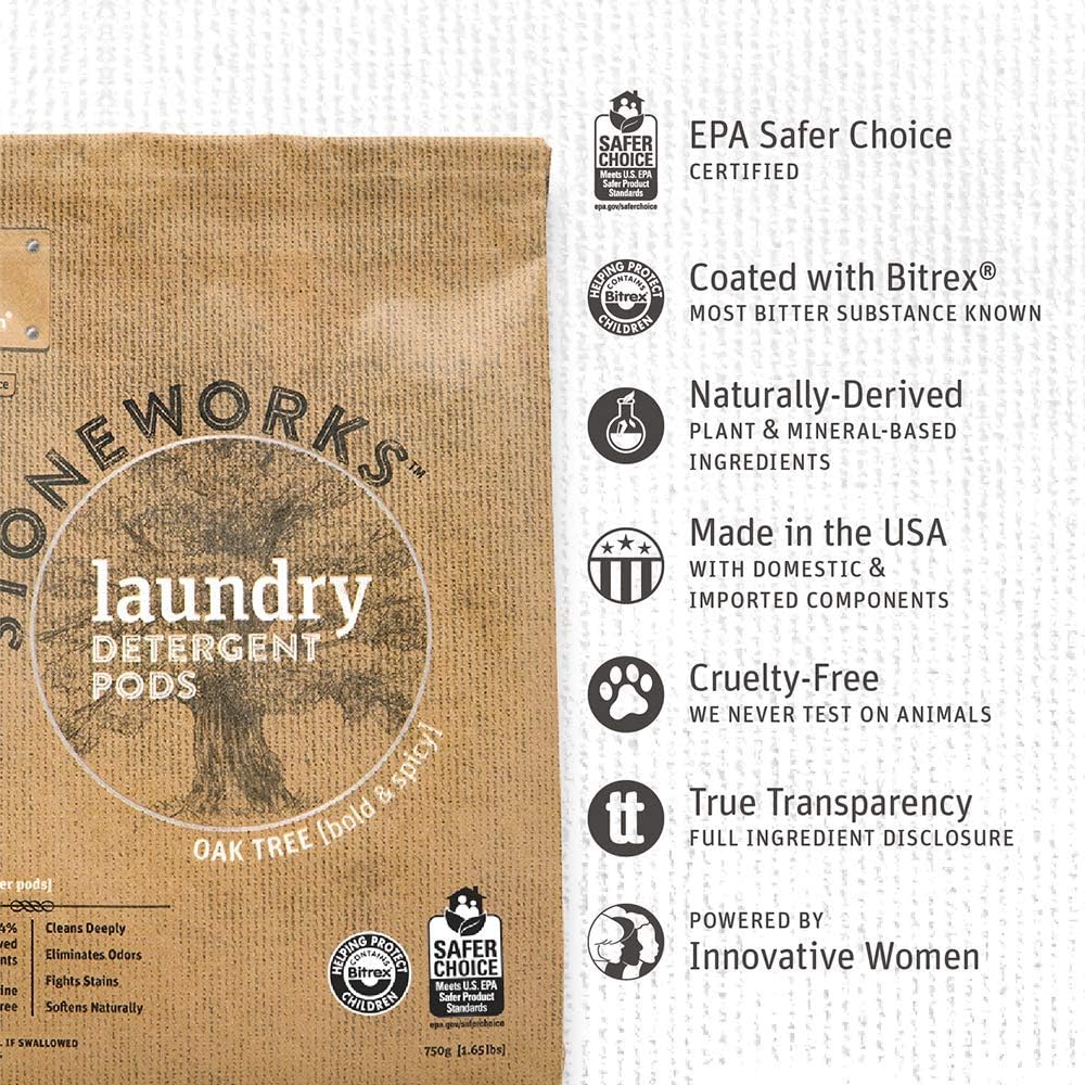 Grab Green Stoneworks – Paquete de cápsulas de detergente para ropa y hojas de secadora, 50 cápsulas y 80 hojas de secadora, aroma a árbol de roble,