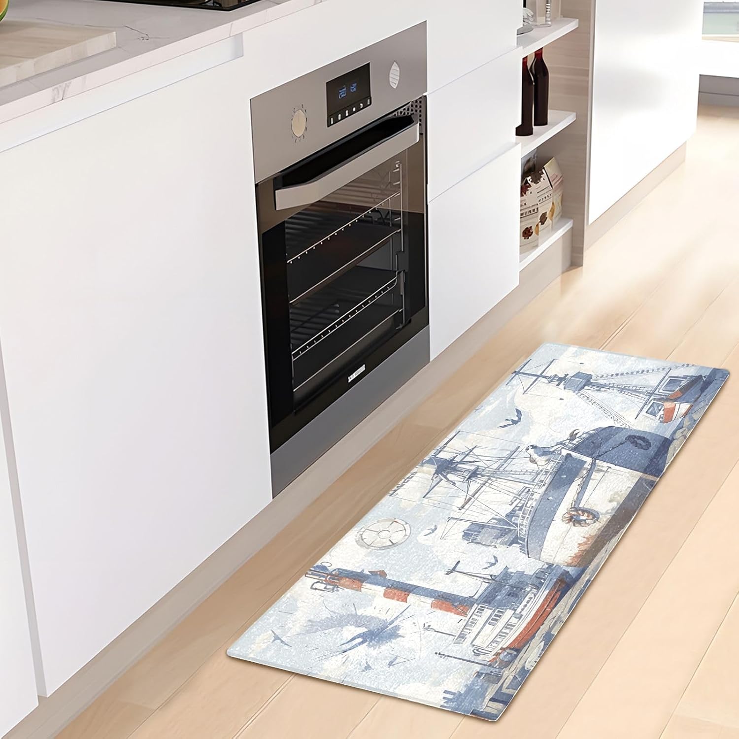Joisal Alfombras náuticas retro de baño azul y blanco para suelo de baño, lavable a máquina, antideslizante, alfombra de baño con parte trasera de
